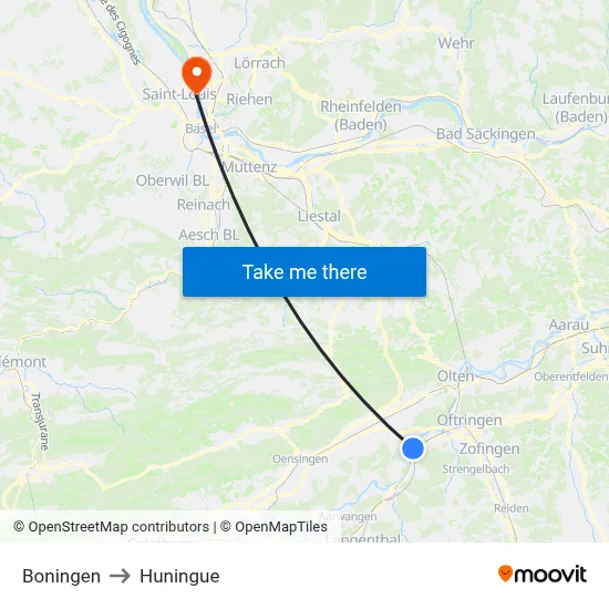 Boningen to Huningue map
