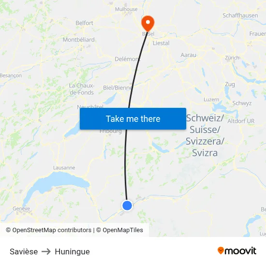 Savièse to Huningue map