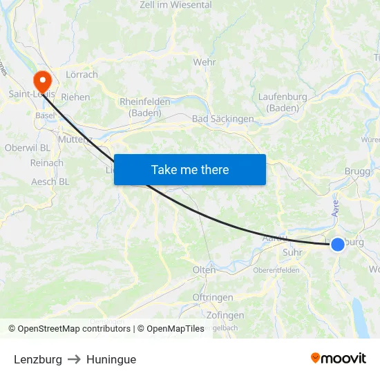 Lenzburg to Huningue map