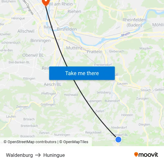 Waldenburg to Huningue map