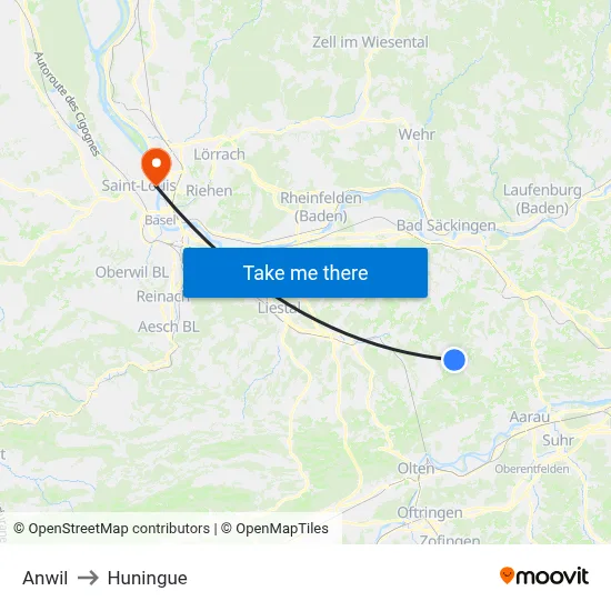 Anwil to Huningue map