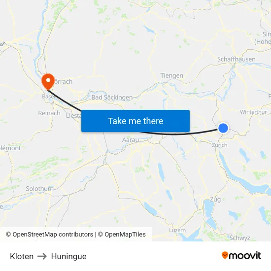Kloten to Huningue map