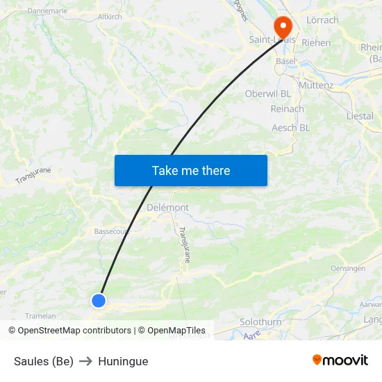 Saules (Be) to Huningue map