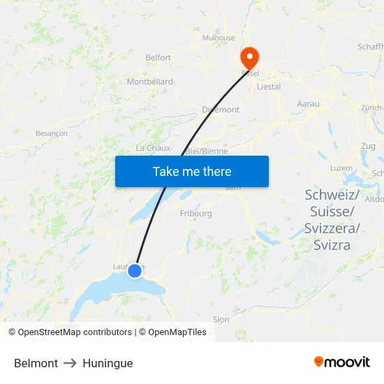Belmont to Huningue map