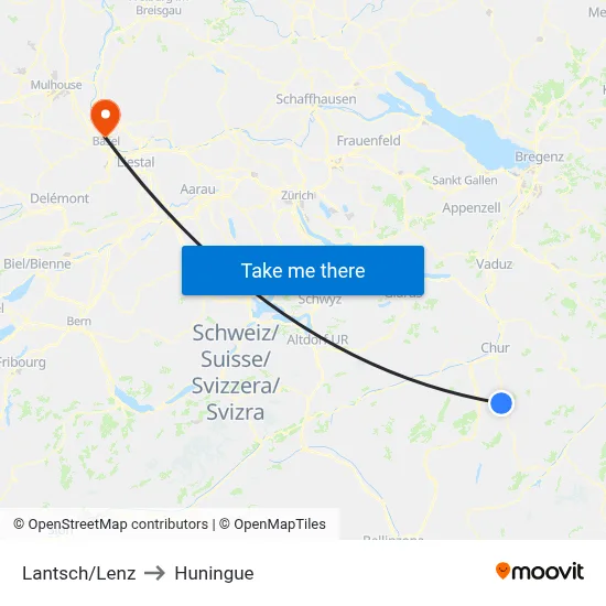 Lantsch/Lenz to Huningue map