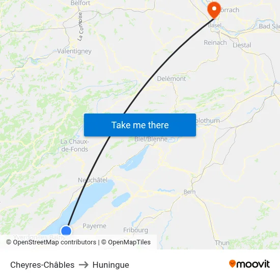 Cheyres-Châbles to Huningue map