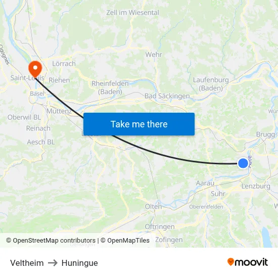 Veltheim to Huningue map