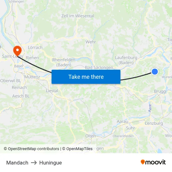 Mandach to Huningue map