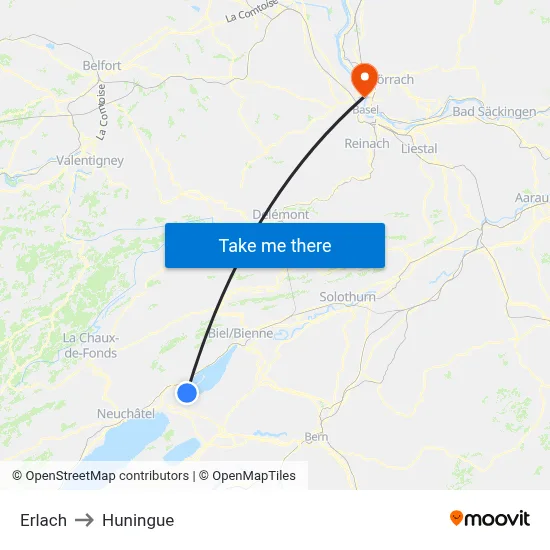 Erlach to Huningue map