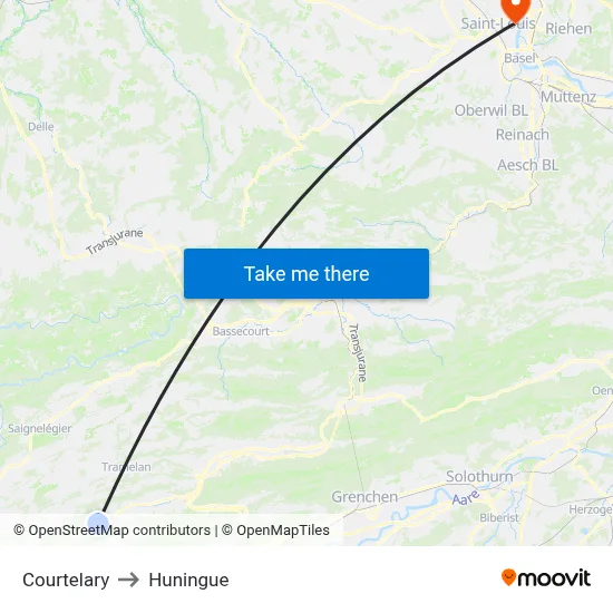 Courtelary to Huningue map