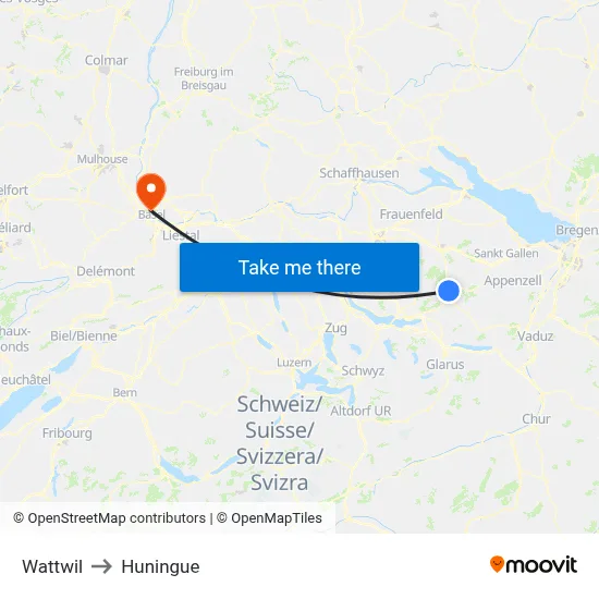 Wattwil to Huningue map