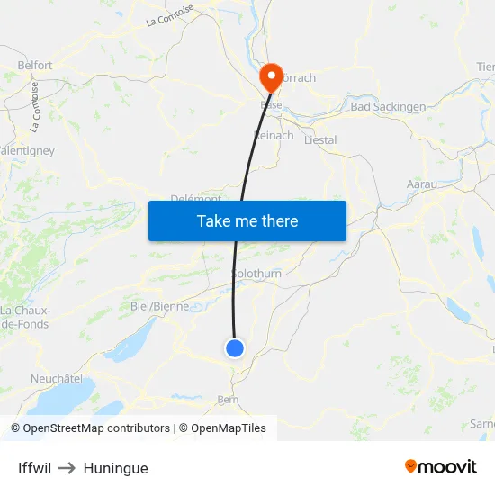 Iffwil to Huningue map