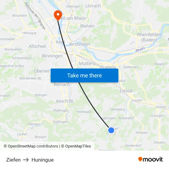 Ziefen to Huningue map