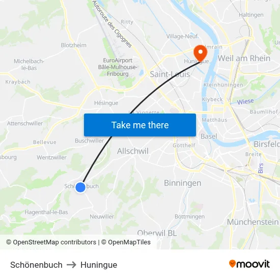 Schönenbuch to Huningue map