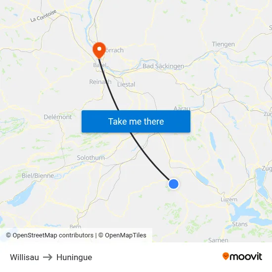 Willisau to Huningue map