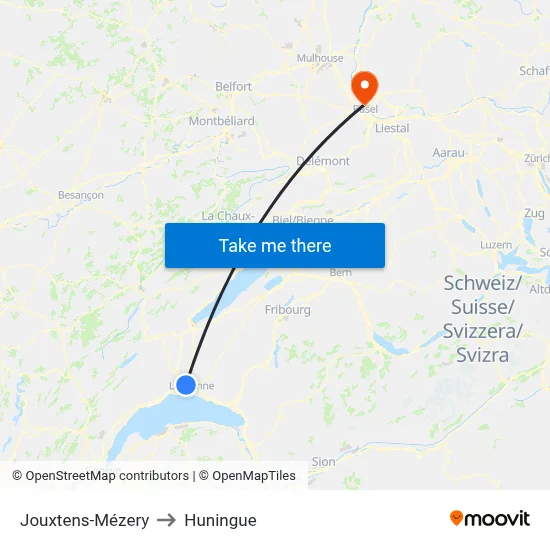 Jouxtens-Mézery to Huningue map