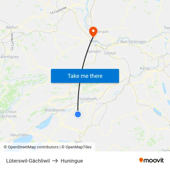 Lüterswil-Gächliwil to Huningue map