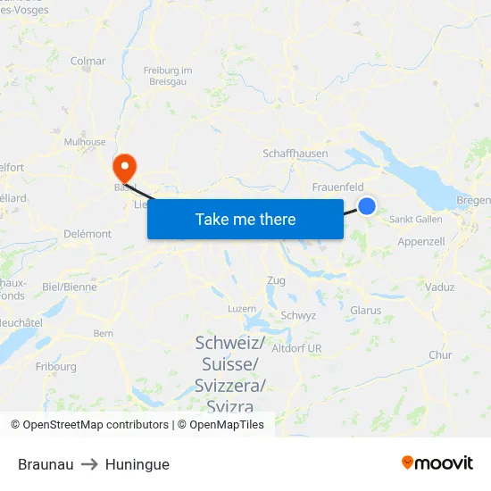 Braunau to Huningue map