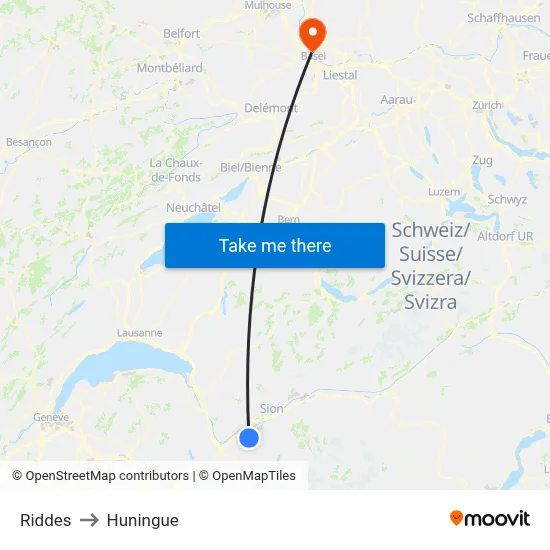 Riddes to Huningue map