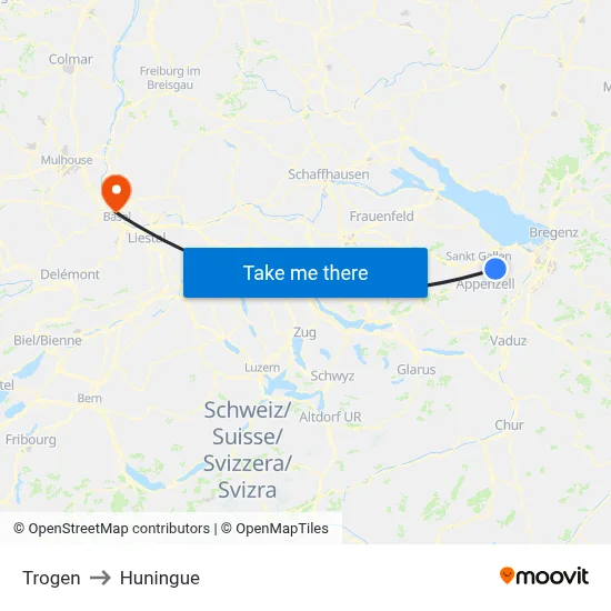 Trogen to Huningue map
