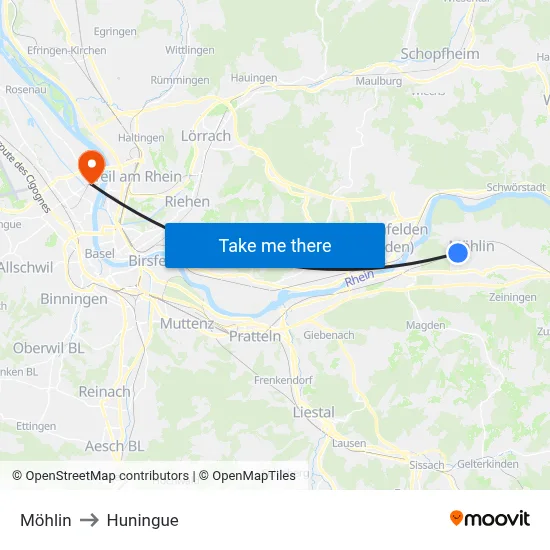 Möhlin to Huningue map