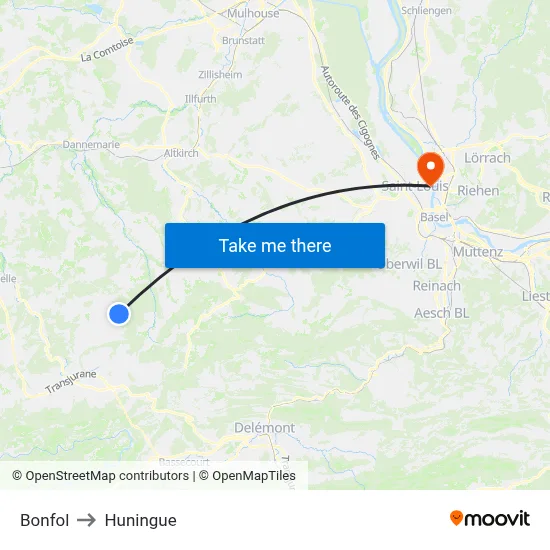 Bonfol to Huningue map