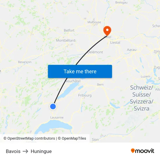 Bavois to Huningue map