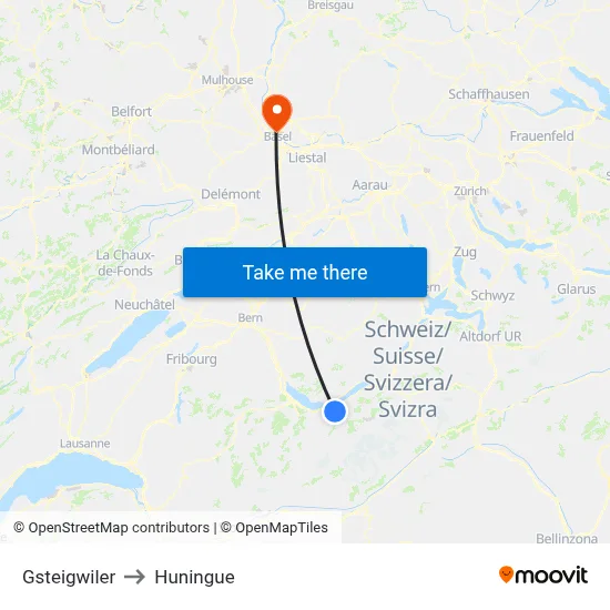 Gsteigwiler to Huningue map