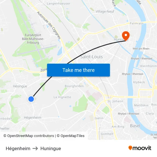 Hégenheim to Huningue map