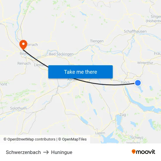 Schwerzenbach to Huningue map