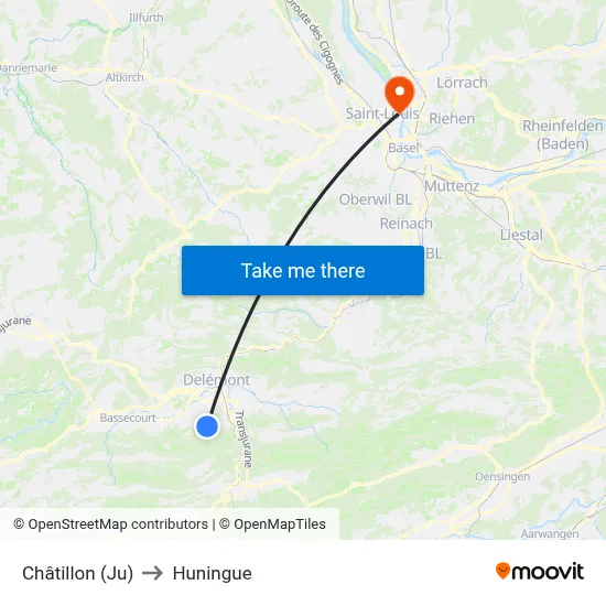 Châtillon (Ju) to Huningue map