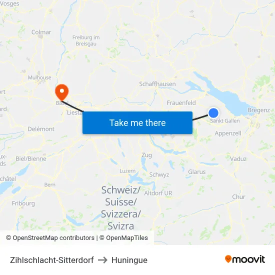 Zihlschlacht-Sitterdorf to Huningue map