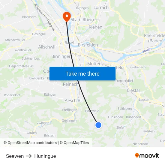 Seewen to Huningue map