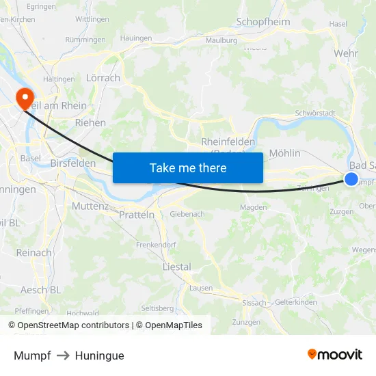 Mumpf to Huningue map
