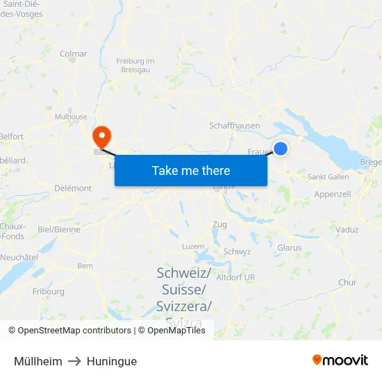 Müllheim to Huningue map
