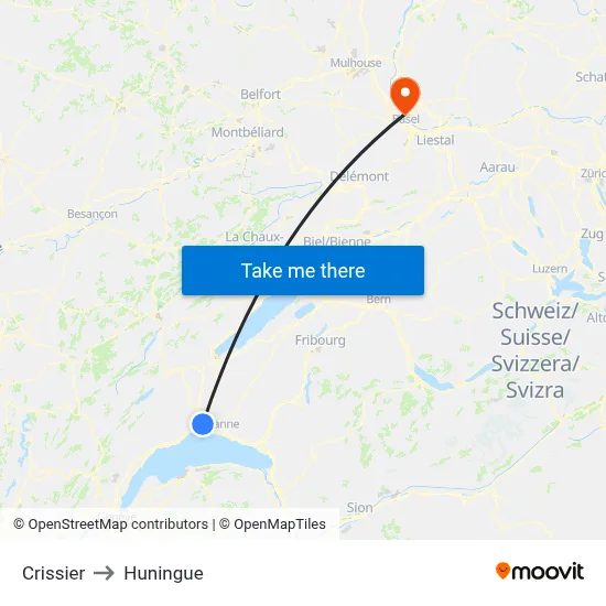 Crissier to Huningue map