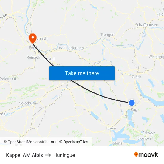 Kappel AM Albis to Huningue map