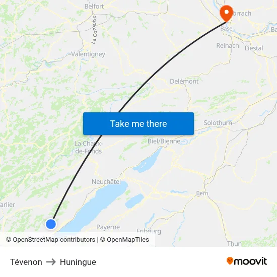 Tévenon to Huningue map
