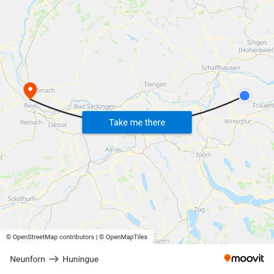 Neunforn to Huningue map