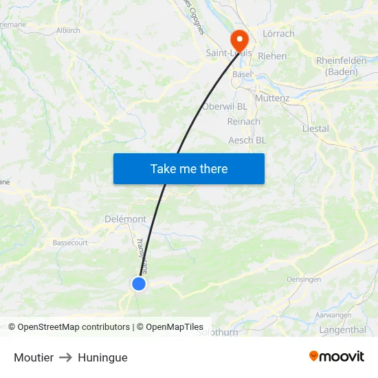 Moutier to Huningue map