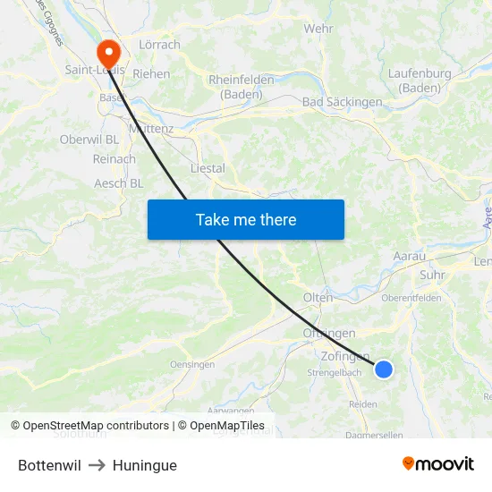 Bottenwil to Huningue map