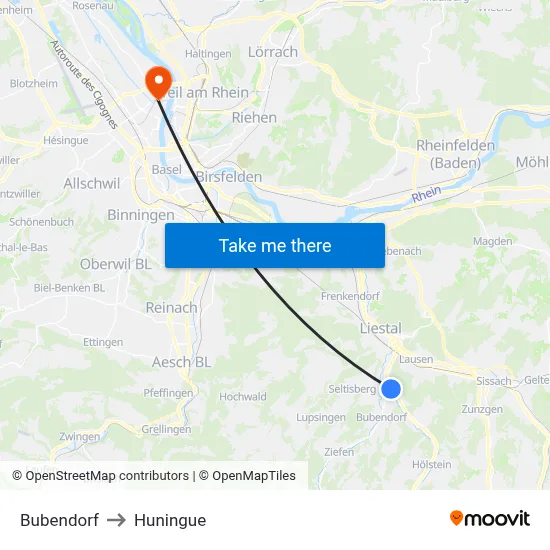 Bubendorf to Huningue map
