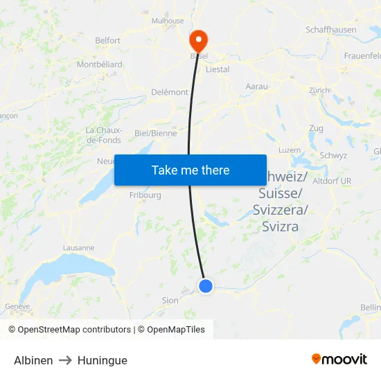 Albinen to Huningue map