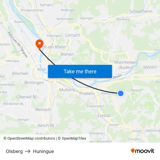 Olsberg to Huningue map