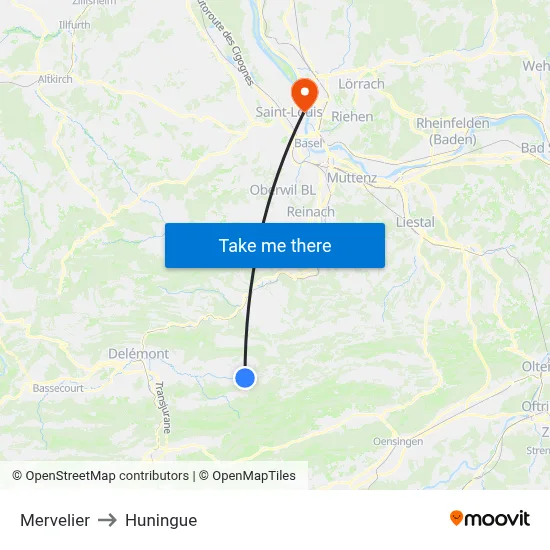 Mervelier to Huningue map