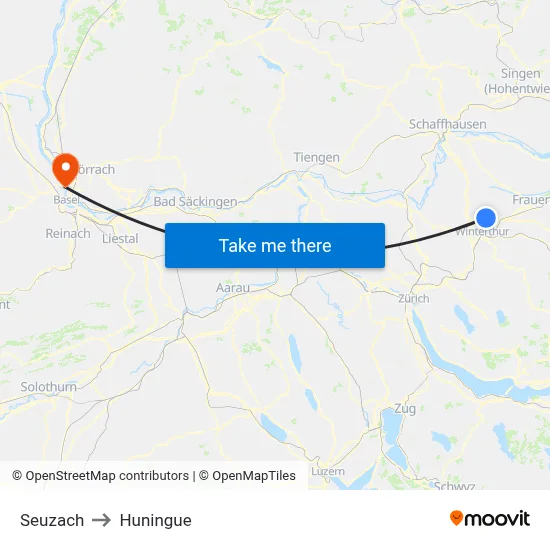 Seuzach to Huningue map
