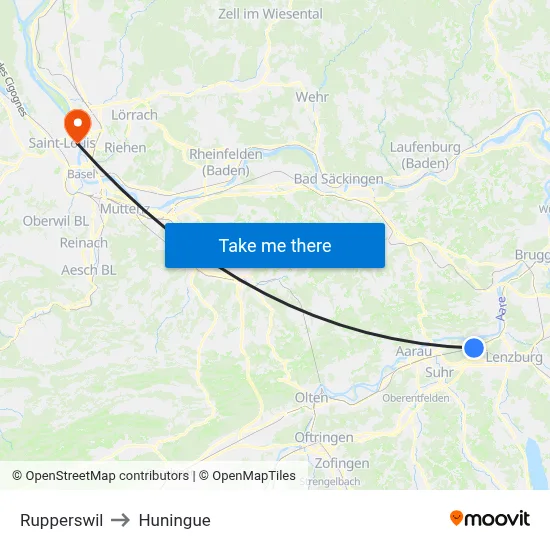 Rupperswil to Huningue map