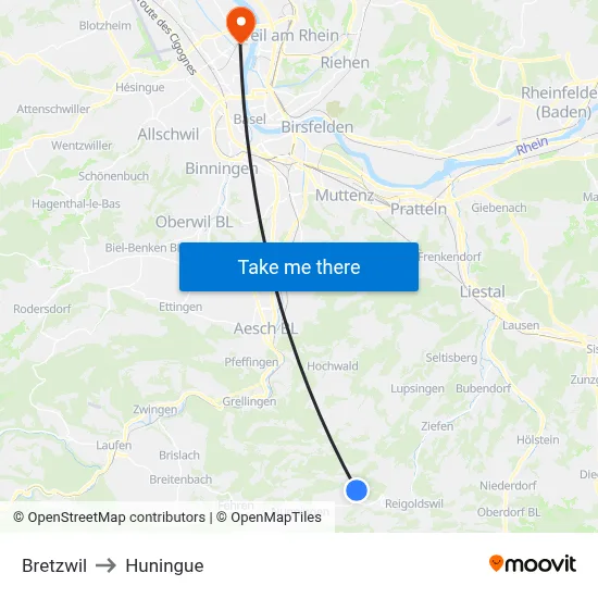 Bretzwil to Huningue map