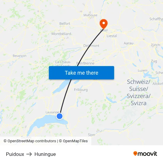 Puidoux to Huningue map