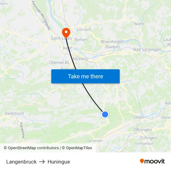 Langenbruck to Huningue map